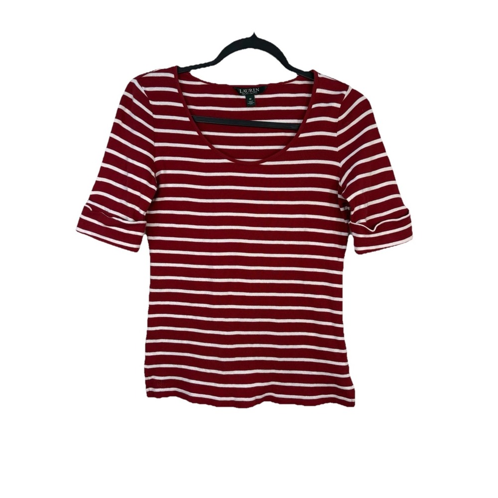 Lauren Ralph Lauren Womens Shirt Sz M Stripe Red White Naut Cuffed Half Sleeve